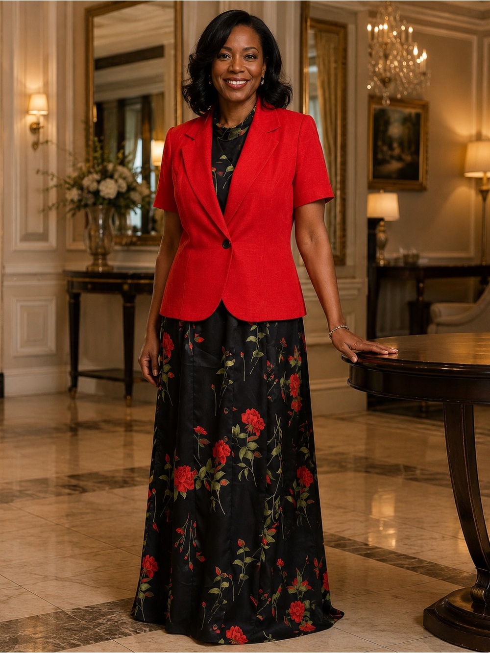 Elegant Red and Black Floral Skirt